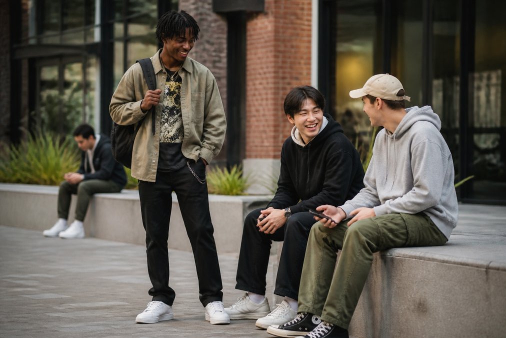 Person wearing a layered style streetwear outfit with an oversized graphic tee, overshirt, and white sneakers.