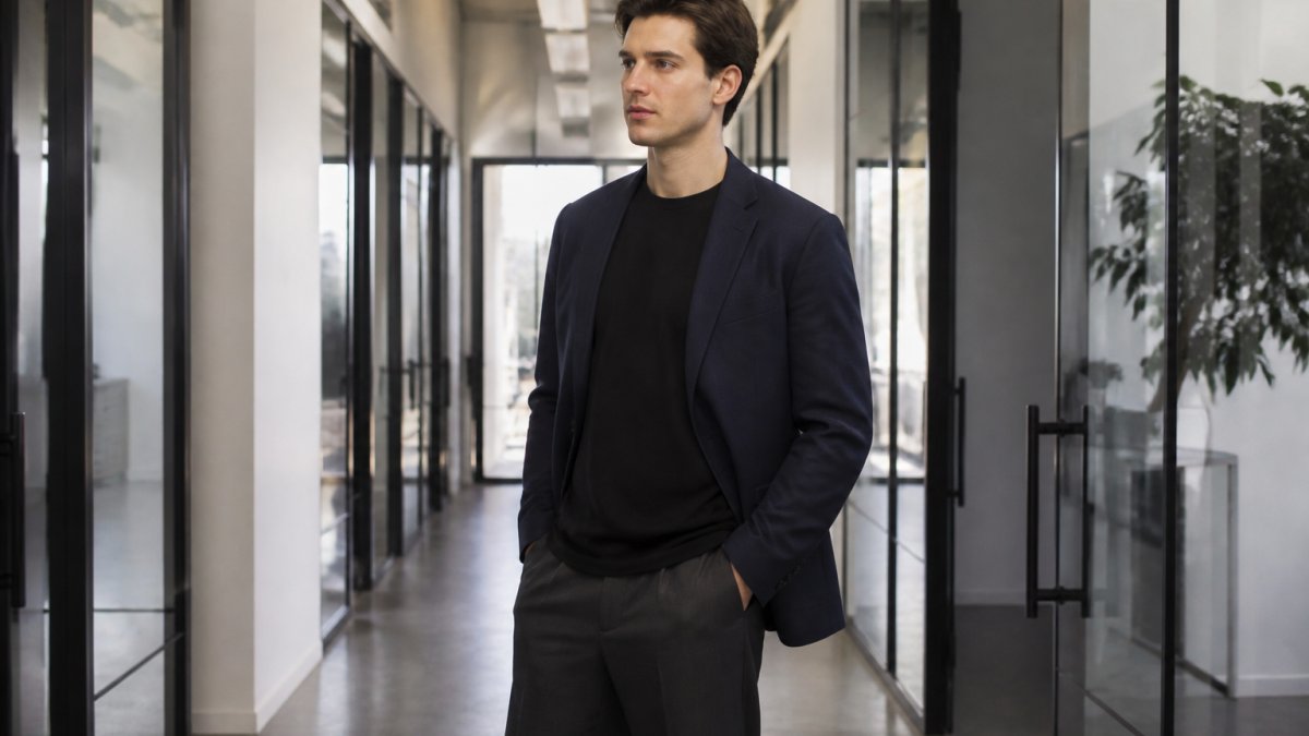 A professional wearing a structured navy blazer over a heavyweight oversized black tee and tailored charcoal trousers, standing in a bright modern office hallway with glass walls and natural light