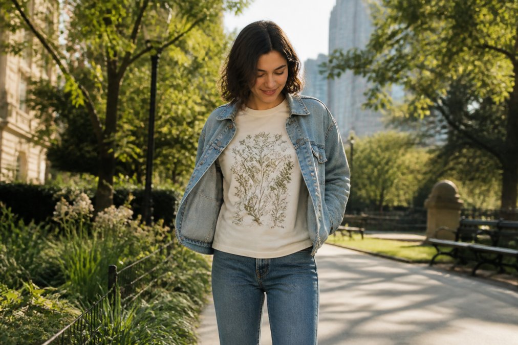 A young adult wearing an organic cotton graphic tee with nature-inspired art, paired with straight-leg jeans and a denim jacket, standing in a bright urban park setting with soft afternoon light