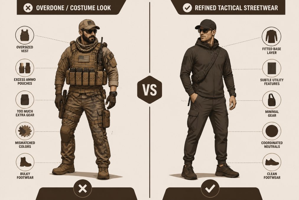 Side-by-side comparison showing two men: one in an overdone tactical costume look with excessive gear, visible ammunition pouches, oversized vest, and mismatched colors, and one in a refined tactical streetwear outfit with subtle utility features, balanced proportions, fitted base layer, and coordinated neutral tones