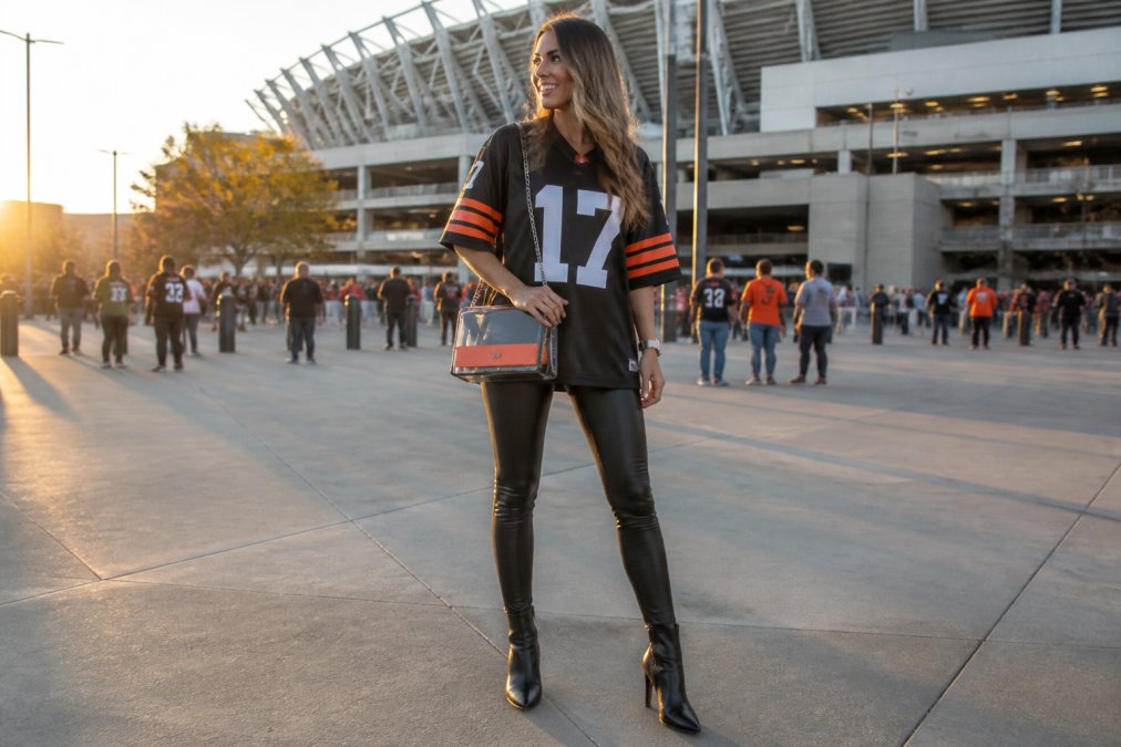 A woman in an oversized football jersey, faux leather leggings, and heeled ankle boots standing outside a stadium, holding a crossbody bag in team colors, late afternoon sunlight