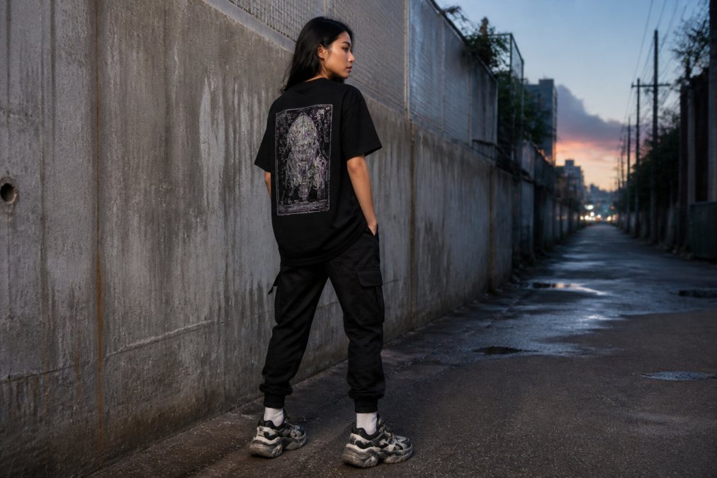 A woman in a black oversized graphic tee with a bold back print, tapered dark cargo pants, and chunky sneakers standing against a raw concrete wall in an urban alley at dusk