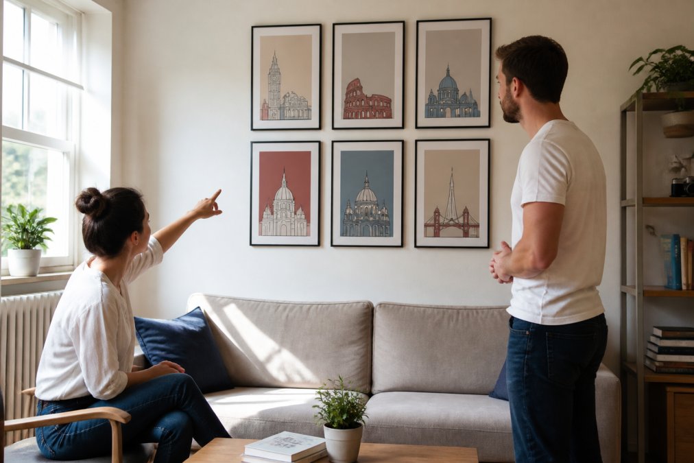 A small, bright living room with a symmetrical gallery wall of six framed travel posters arranged in a 2x3 grid above a compact sofa. The frames are slim black, and the posters feature minimalist line art of London and Rome. Natural light from a nearby window highlights the arrangement.