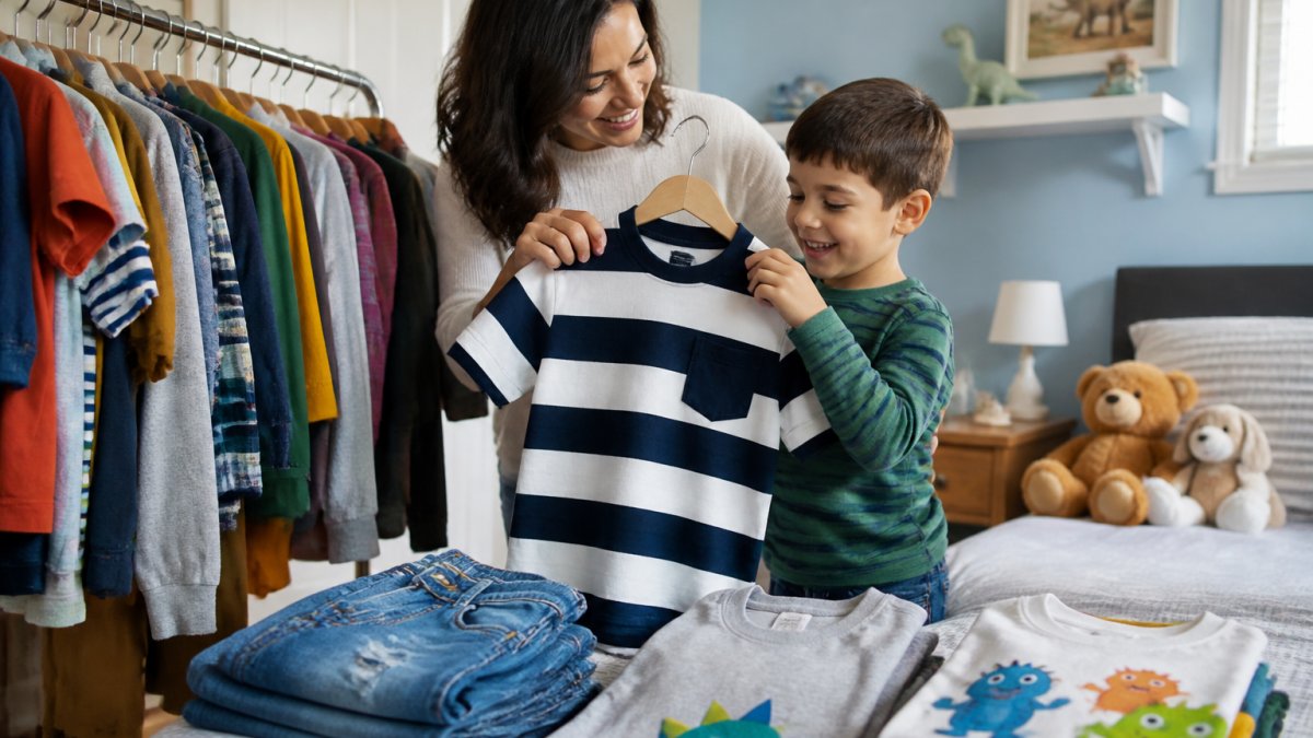Parent and child choosing outfits together from a rack of colorful kids clothing in a bright bedroom