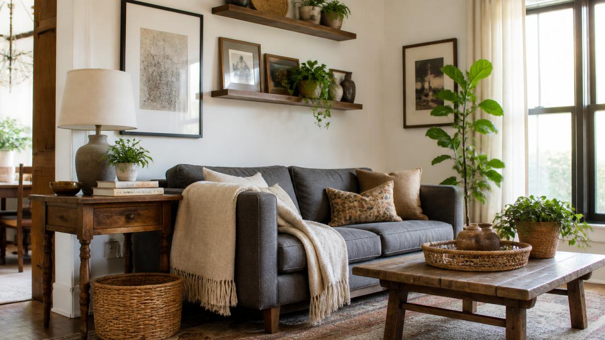 Modern living room with layered textures and mixed styles, contemporary sofa paired with vintage wooden side table, neutral linen throw, woven baskets, framed art prints on white walls, potted plants on floating shelves, and warm natural light from large windows
