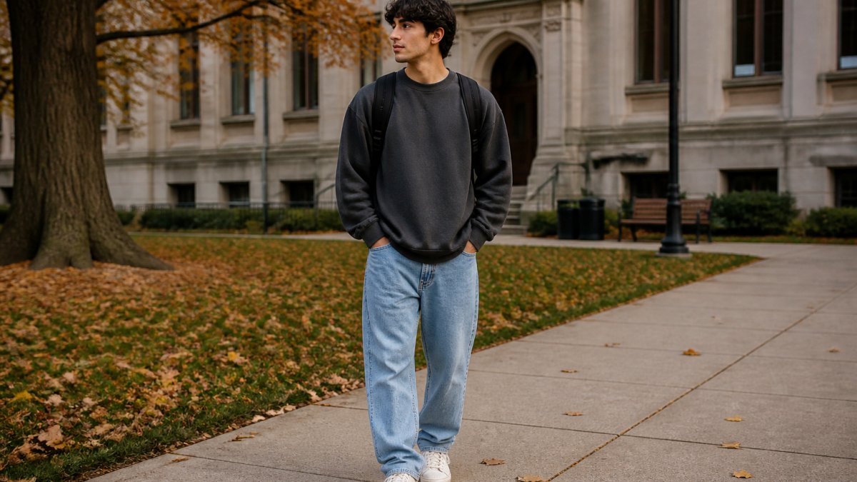 A young adult wearing an oversized unisex crewneck sweatshirt with jeans and clean sneakers, standing outside a college campus building on a fall day, natural lighting, candid pose