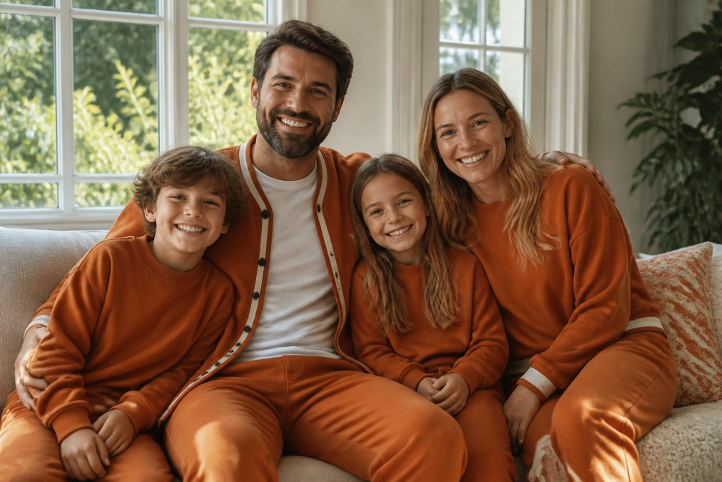 A happy family wearing burnt orange University of Texas apparel, including a varsity cardigan and joggers, posing together in a sunlit living room with natural light streaming through windows