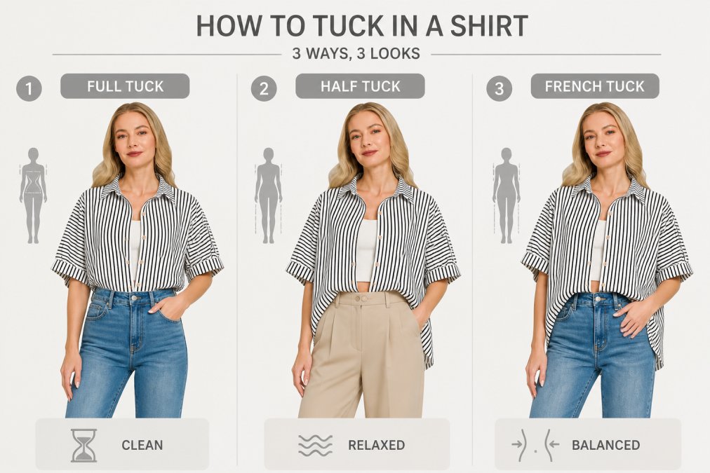 Woman demonstrating three different tuck methods on herself: full tuck with high-waisted jeans creating a clean silhouette, half tuck with casual trousers showing relaxed styling, and French tuck with a blouse tucked into the front waistband only, displayed side-by-side to show how each changes the overall proportions and visual balance of the outfit