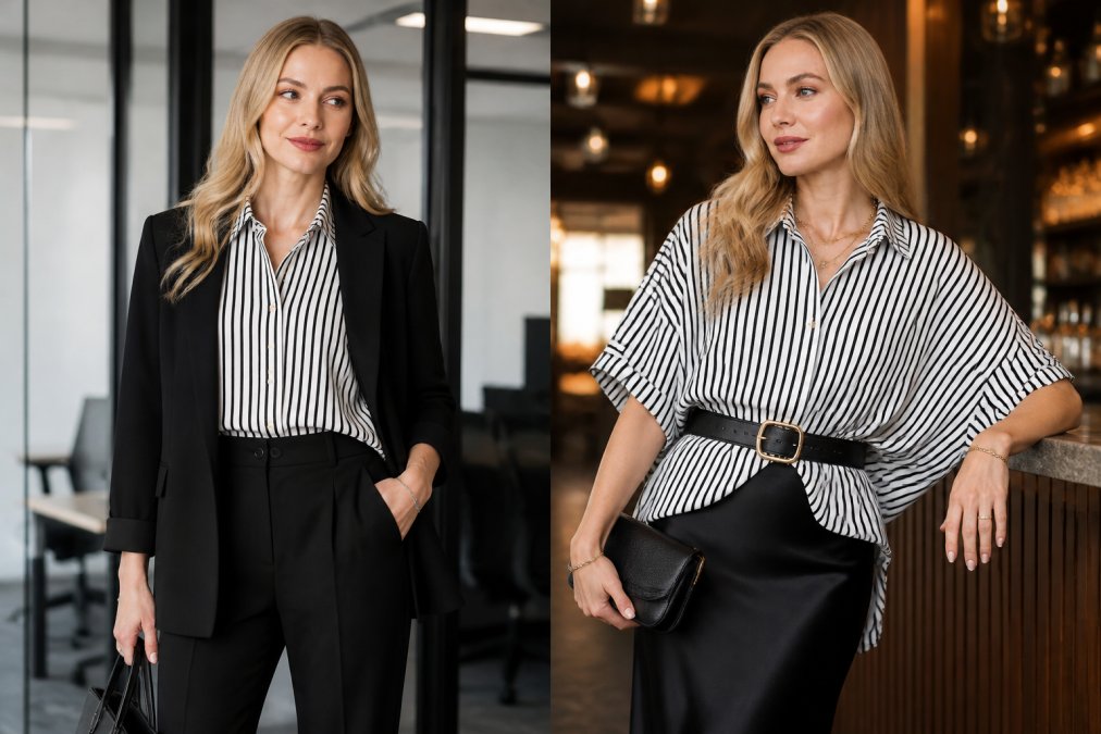 Woman wearing a versatile striped button-down top styled two ways: first as business casual with tailored trousers, minimal jewelry, and structured blazer in natural office lighting, then the same top styled for evening with a midi skirt, statement belt, layered jewelry, and warmer atmospheric lighting showing the transformation