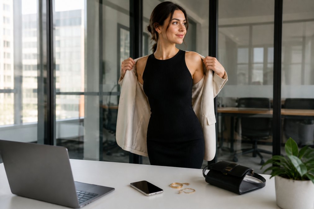 A woman in a bright office removes a tailored blazer to reveal an elegant black ribbed midi dress underneath; a small handbag, delicate jewelry, and a phone rest on her desk beside a laptop