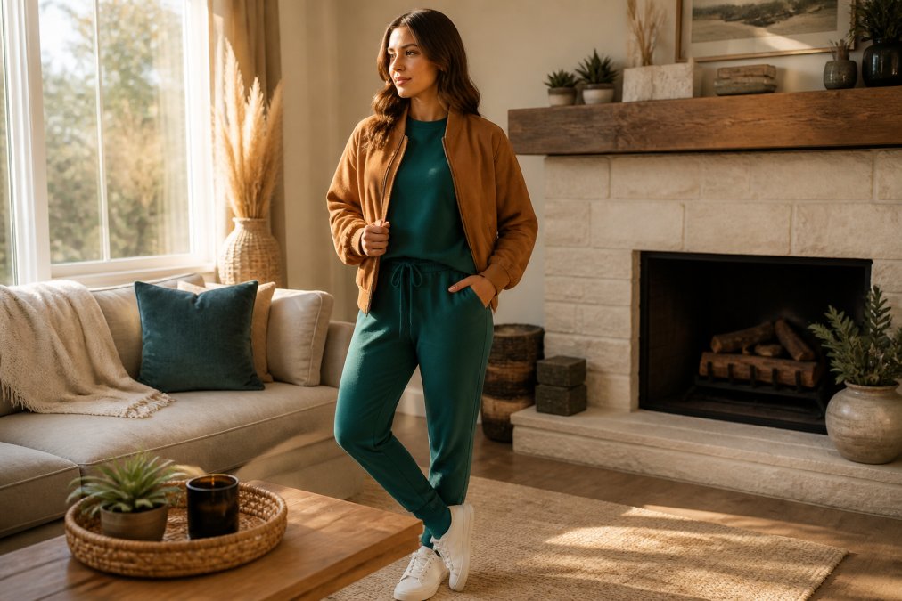 Step-by-step visual guide for woman and layering and caramel concepts for vibrant loungewear
