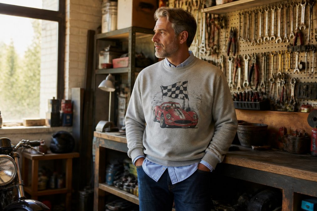 Man in a vintage graphic sweatshirt and button-down shirt to style vintage apparel with modern jeans in a workshop.