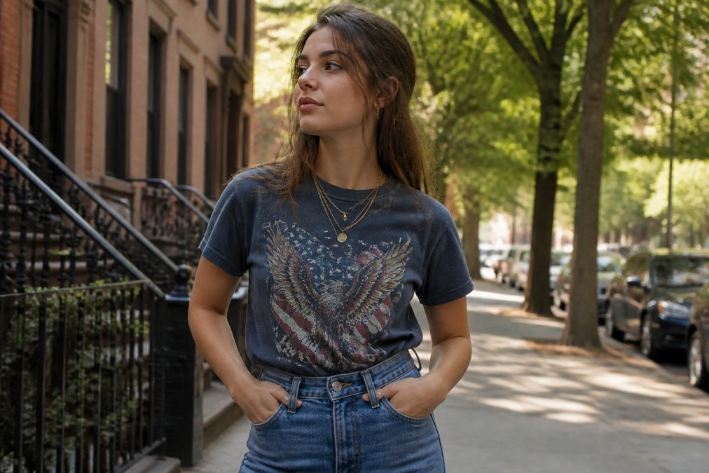 A person wearing a faded vintage graphic tee tucked into high-waisted denim jeans with layered gold necklaces, standing in a sunlit urban setting