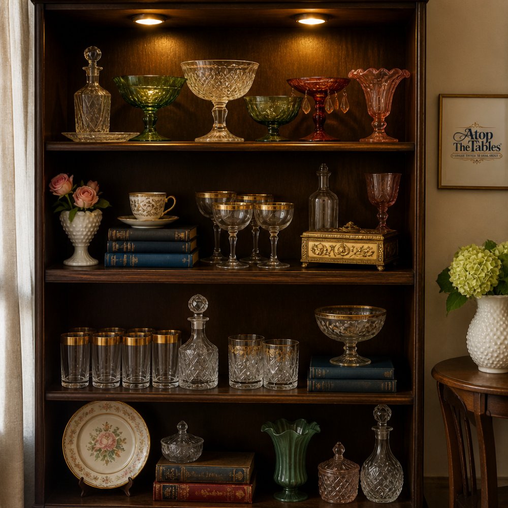 Styled bookshelf displaying vintage glass compotes, crystal tumblers, and decorative pieces arranged by height and era, with warm overhead lighting highlighting gold-rimmed glassware and creating depth through layering