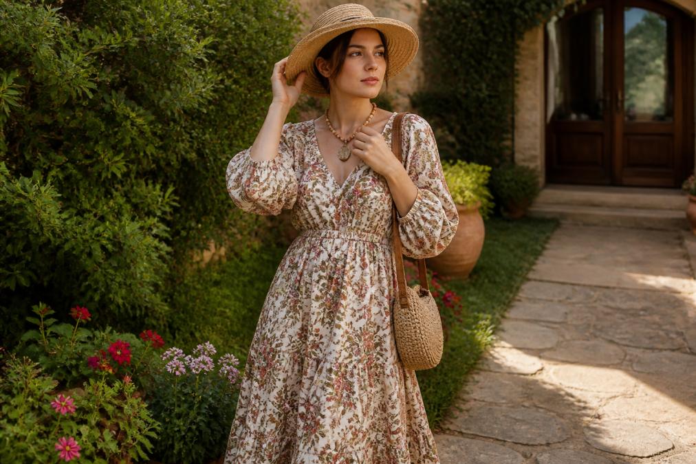 Woman in a floral maxi dress accessorizing with a straw hat and beaded necklace in a sunlit garden setting