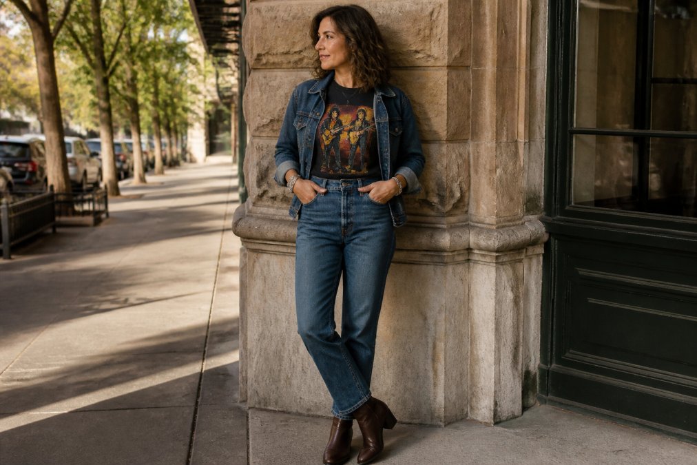 A person in their 40s wearing a vintage graphic rock tee tucked into high-waisted straight-leg jeans, paired with an open denim jacket and ankle boots, standing on a city sidewalk in warm natural afternoon light