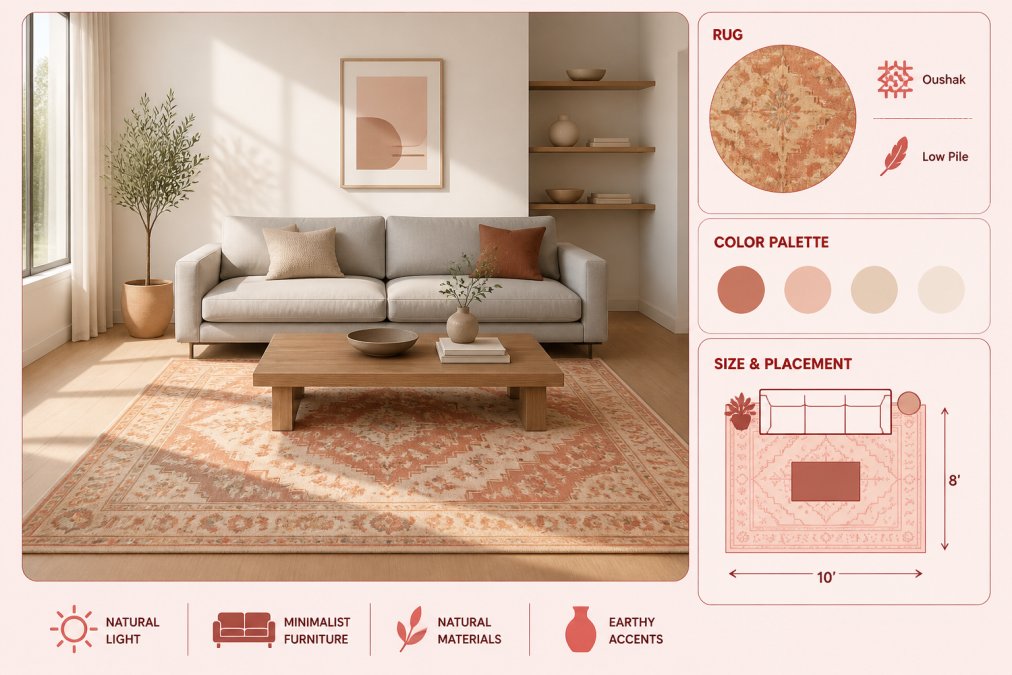 A bright, airy minimalist living room with a sun-faded Oushak rug in muted terracotta and ivory tones anchoring a contemporary light-gray linen sofa, warm afternoon light streaming across the low wool pile, wooden coffee table centered on the rug