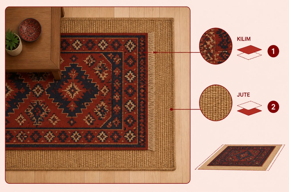Overhead shot of a flat-weave kilim in deep terracotta and navy geometric pattern layered over a larger natural jute base rug on a light hardwood floor, corner of a wooden coffee table visible at the frame edge, showing textural contrast between the two rugs