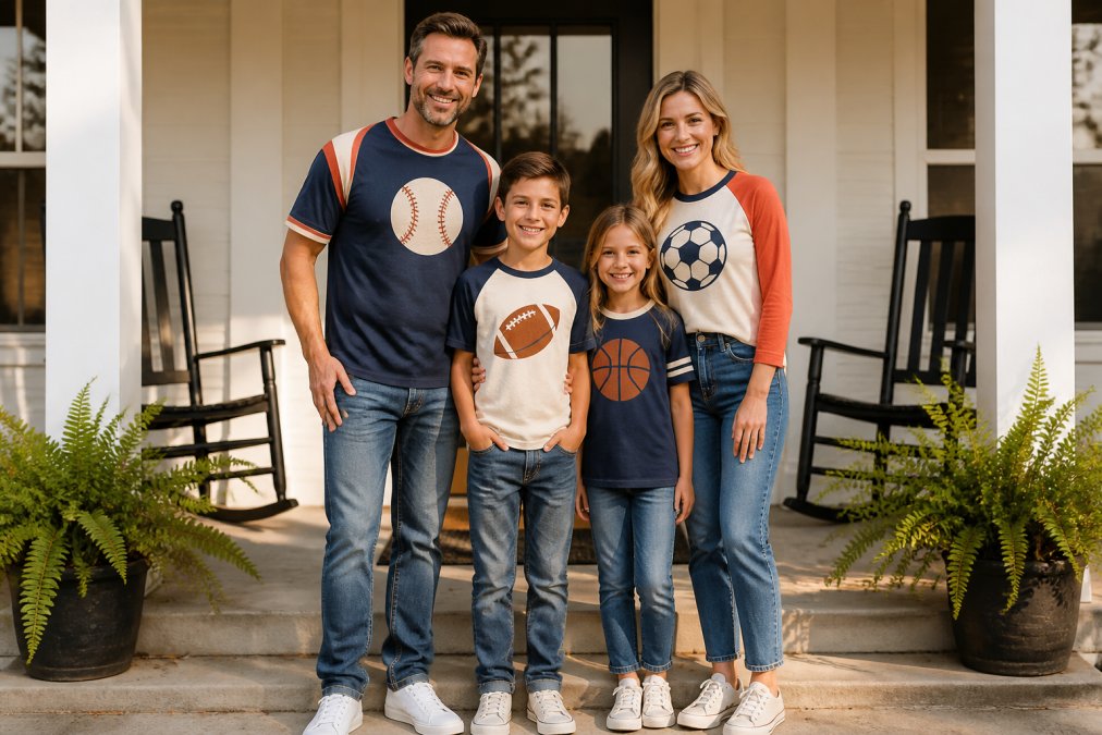A happy family of four standing together on a sunny front porch, all wearing coordinated retro-style sports t-shirts in navy, cream, and rust tones, paired with jeans and sneakers, natural afternoon lighting