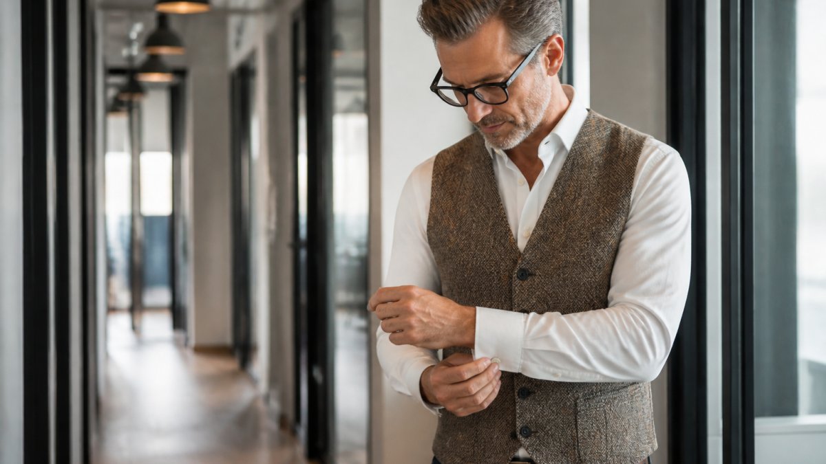 Man in his 40s wearing a vintage tweed vest over a modern shirt in an office hallway