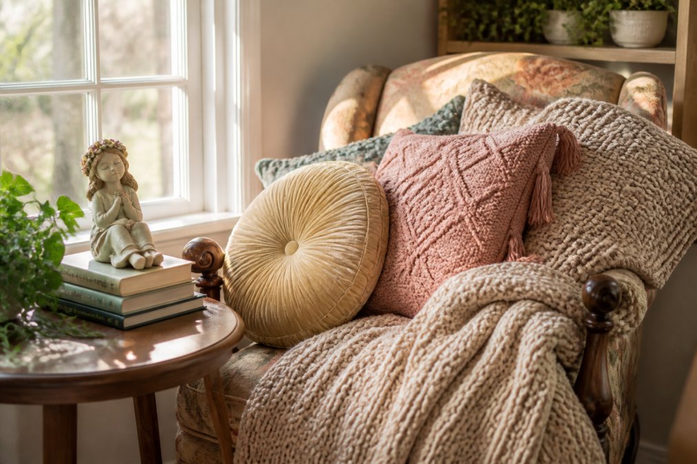 Cozy reading nook with layered throw pillows in various fabric textures, a soft chunky knit blanket draped over a vintage armchair, a wooden side table with stacked books and a whimsical ceramic figurine, warm golden sunlight streaming through a nearby window