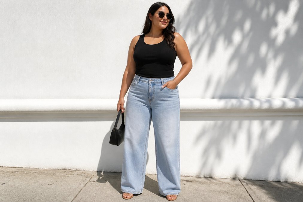 A confident woman wearing high-waisted wide-leg jeans with a fitted tucked-in ribbed tank top, standing in natural afternoon light against a clean white wall, showing a balanced, elongated silhouette from waist to floor