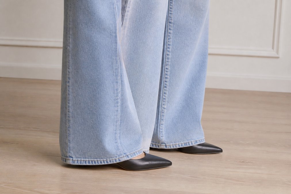 Close-up of the lower half of a wide-leg jean outfit, showing a dark-wash hemline grazing the floor next to a pair of pointed kitten heels on a light wood floor, with clean drape of the denim visible from knee to toe