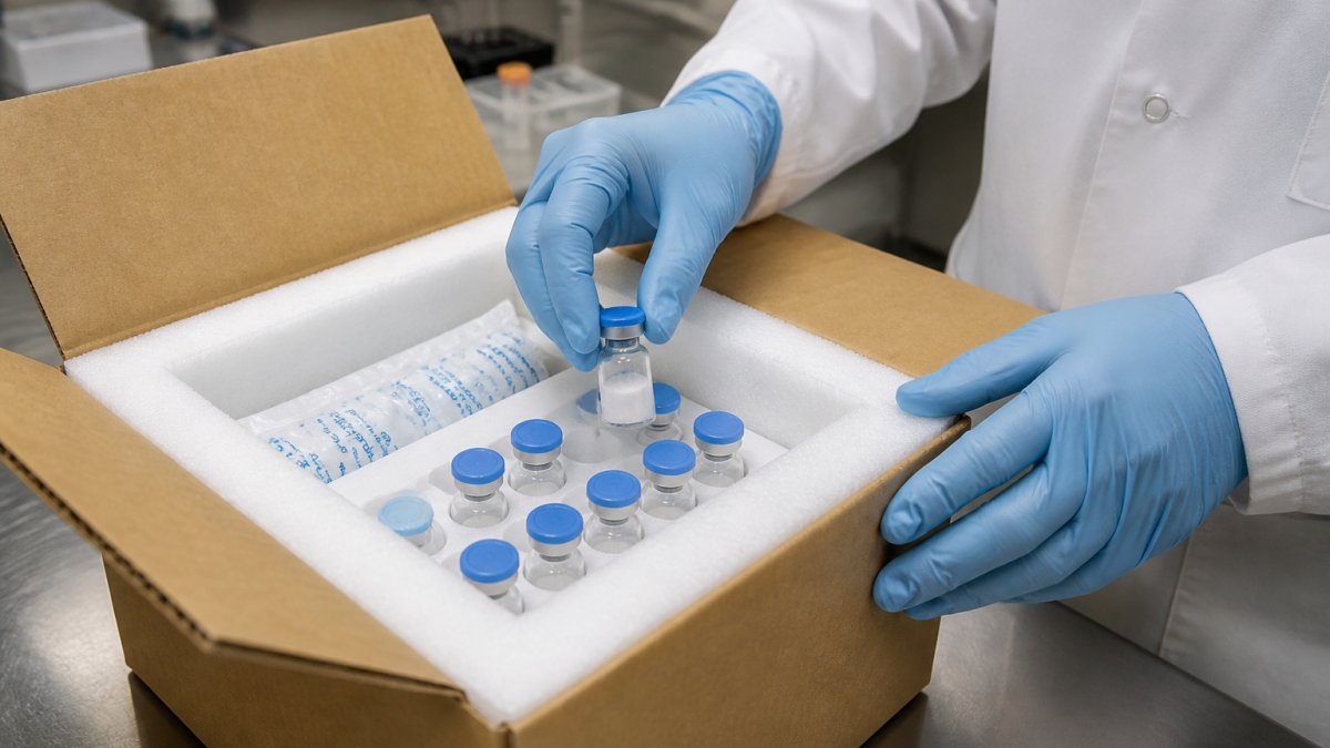 Professional hands carefully placing labeled peptide vials into a foam-lined shipping box with ice packs, showing proper packaging and labeling technique in clinical setting