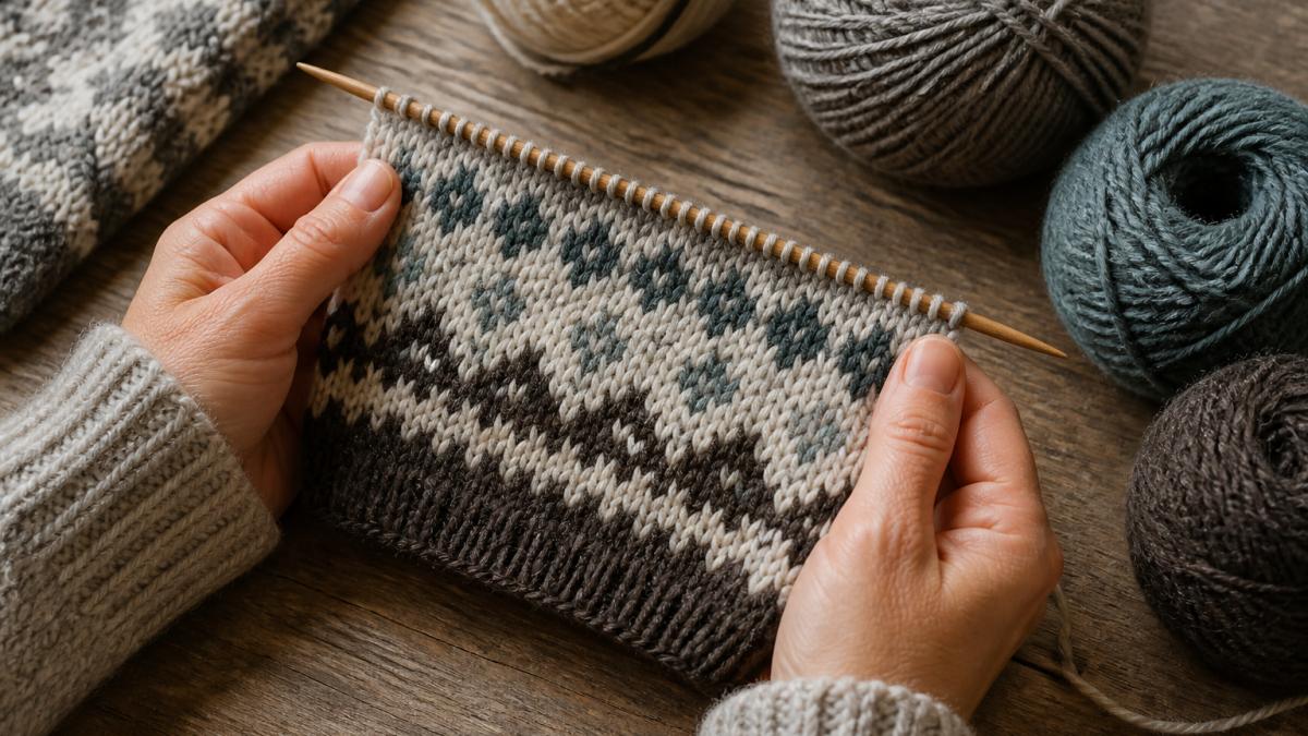 Diagram showing the step-by-step process of knitting a colorwork swatch with yarn and needles to test tension.