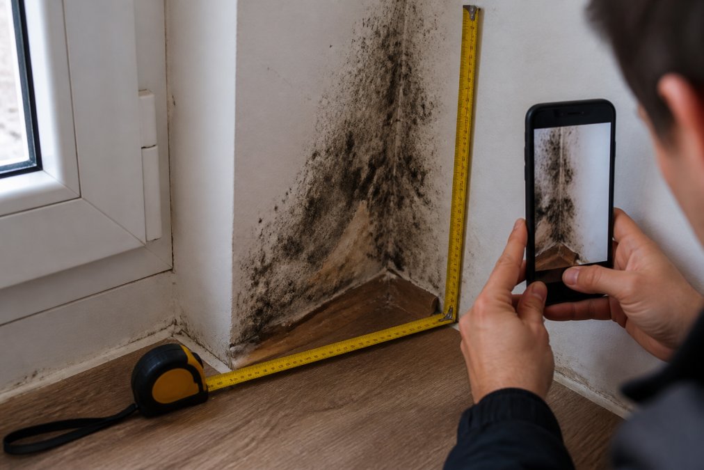 Close-up of black mold growth on a wall corner near a window, with a measuring tape and smartphone camera visible for scale and documentation purposes