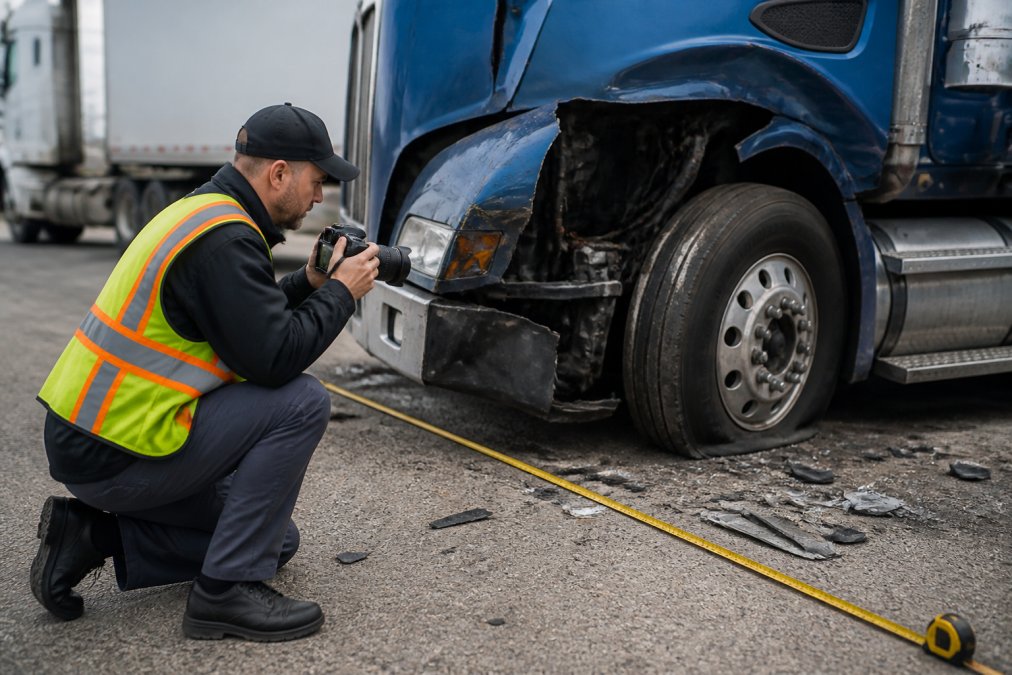 Accident reconstruction specialist examining damage to commercial truck at accident scene, taking measurements and photographs