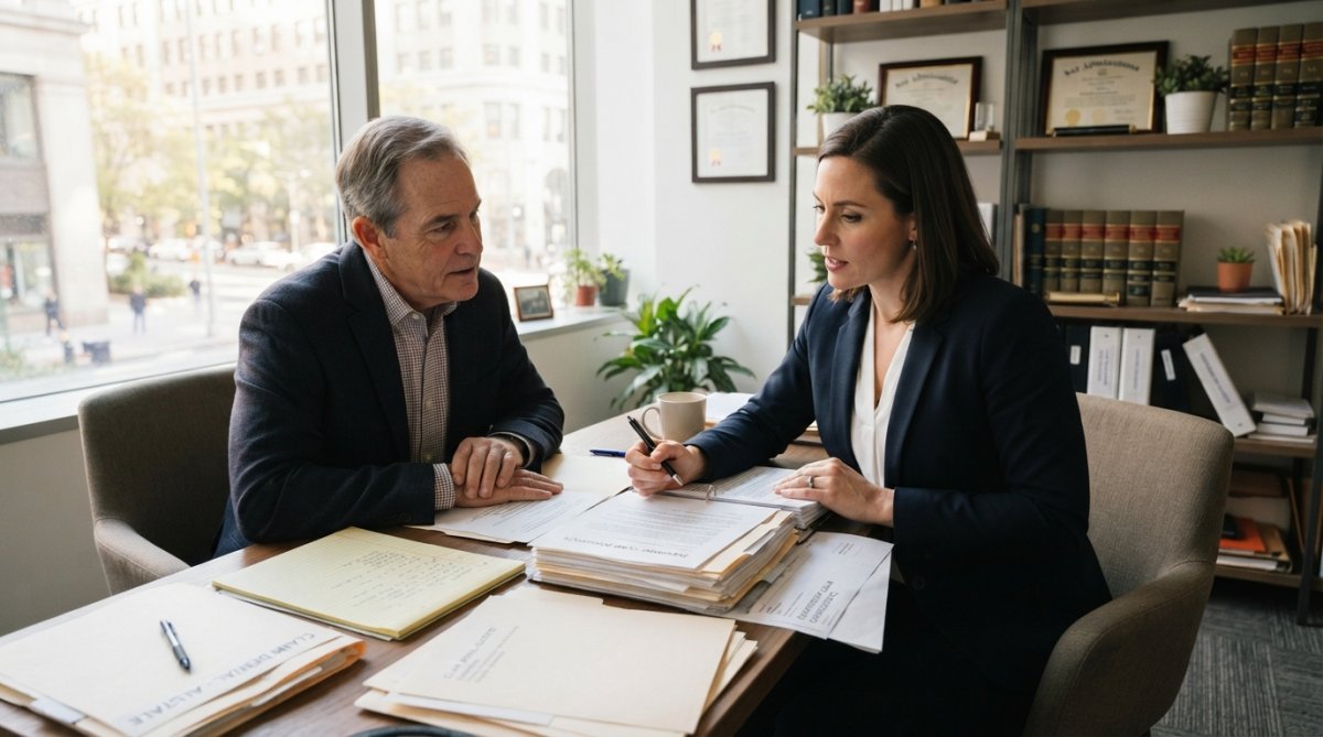 Professional attorney in business suit reviewing insurance claim documents and files at wooden desk with client across from them in modern office setting with natural window lighting