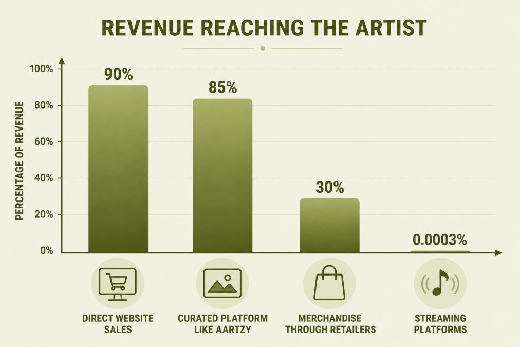 Bar chart comparing revenue reaching the artist: Direct website sales 90%, Curated platform like AARTZY 85%, Merchandise through retailers 30%, Streaming platforms 0.0003% per stream