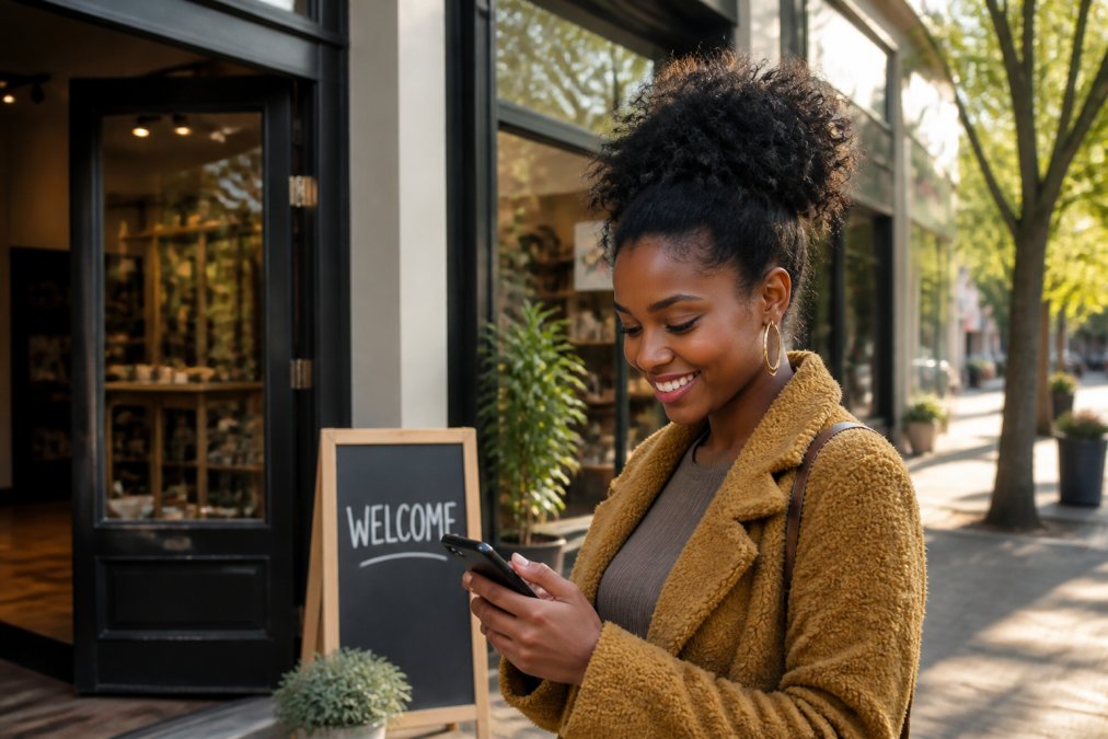 A woman smiling as she browses a smartphone app showing a map of local Black-owned shops, standing outside a small boutique storefront with a welcome sign, warm afternoon light