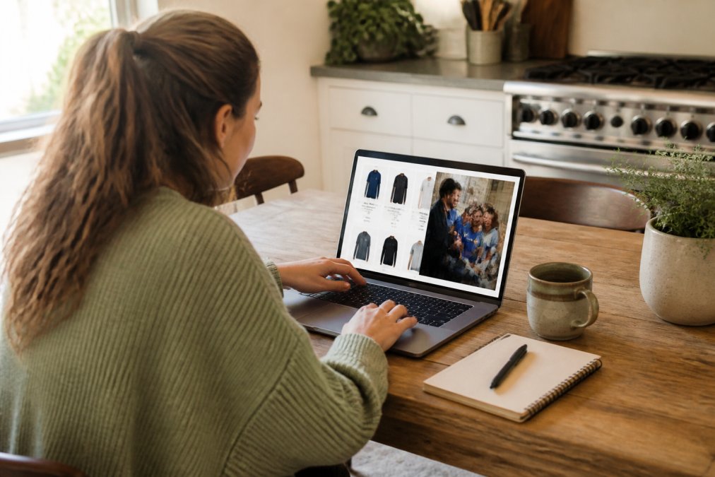 A person using a laptop at a kitchen table, browsing an online store with a nonprofit logo visible on the screen, a coffee mug and notebook nearby, warm natural light