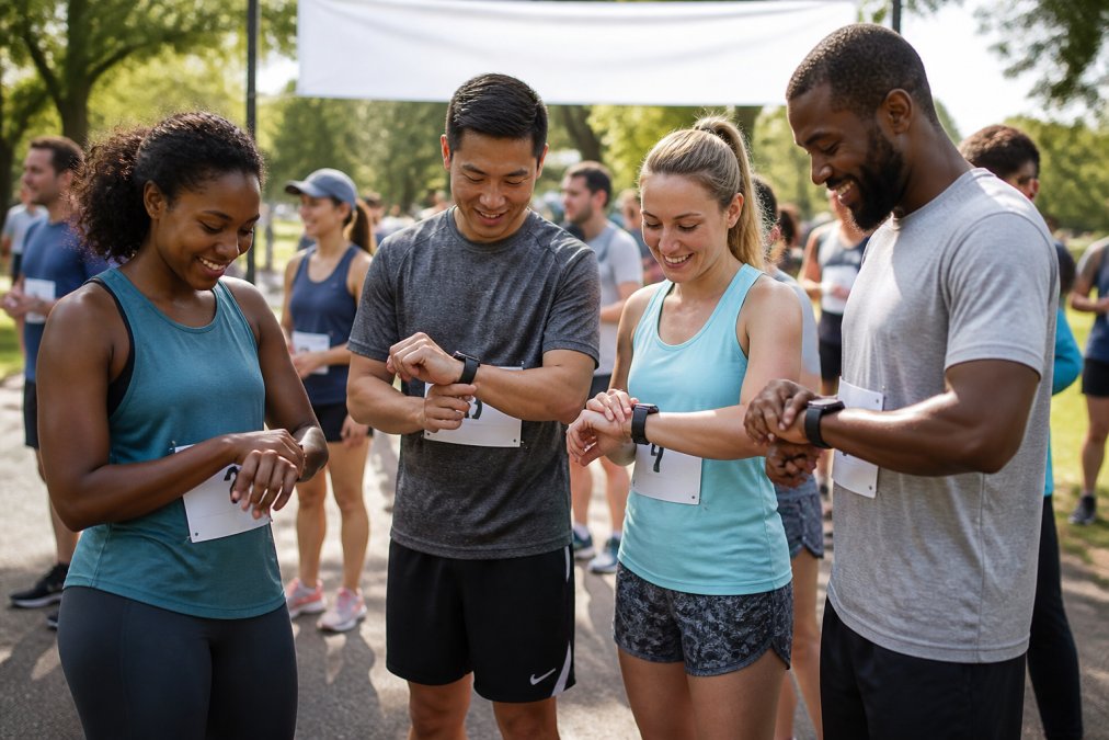 Diverse group of runners and walkers checking fitness trackers at a charity 5K community park event