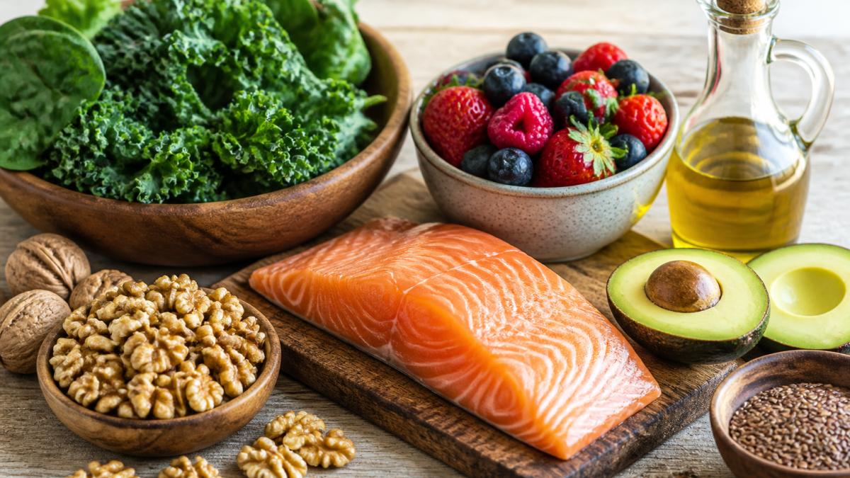 Colorful array of fresh whole foods arranged on a wooden table in natural daylight, including wild salmon fillet, handful of walnuts, dark leafy greens, fresh berries, and olive oil bottle