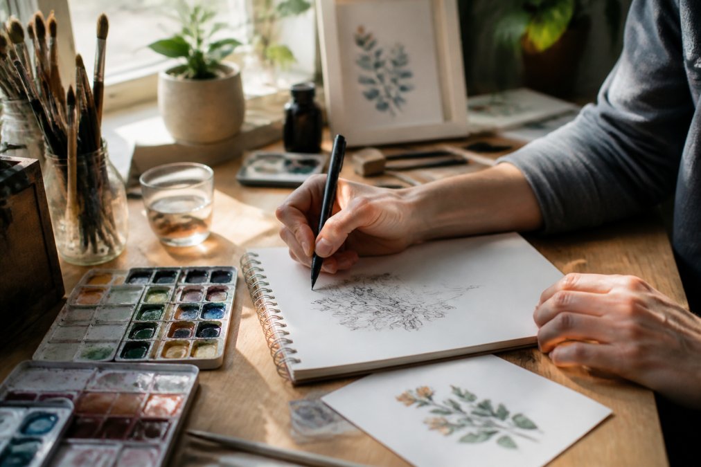 Close-up of an artist's hands sketching with a pen at a wooden desk, surrounded by watercolor sets, brushes, and finished art pieces, warm natural light streaming through a nearby window
