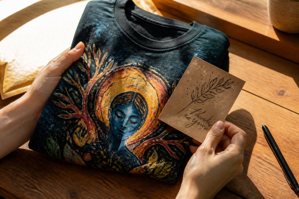 Close-up of hands holding a bold, colorful artist-designed t-shirt next to a small handwritten thank-you card, warm natural light on a wooden table