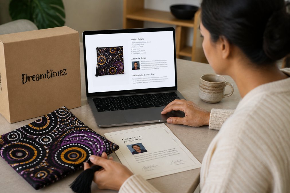 Person examining an Indigenous art product on a laptop screen, with artist authentication documents and product details visible nearby