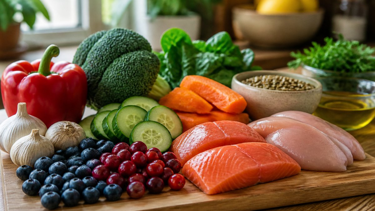 Colorful fresh vegetables, berries, and lean proteins arranged on a wooden cutting board in natural kitchen light, showing kidney-friendly whole foods
