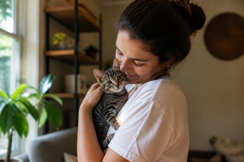 A person holding a small rescue kitten close to their chest in a cozy home living room, looking down at the animal with a warm expression, soft natural light from a nearby window