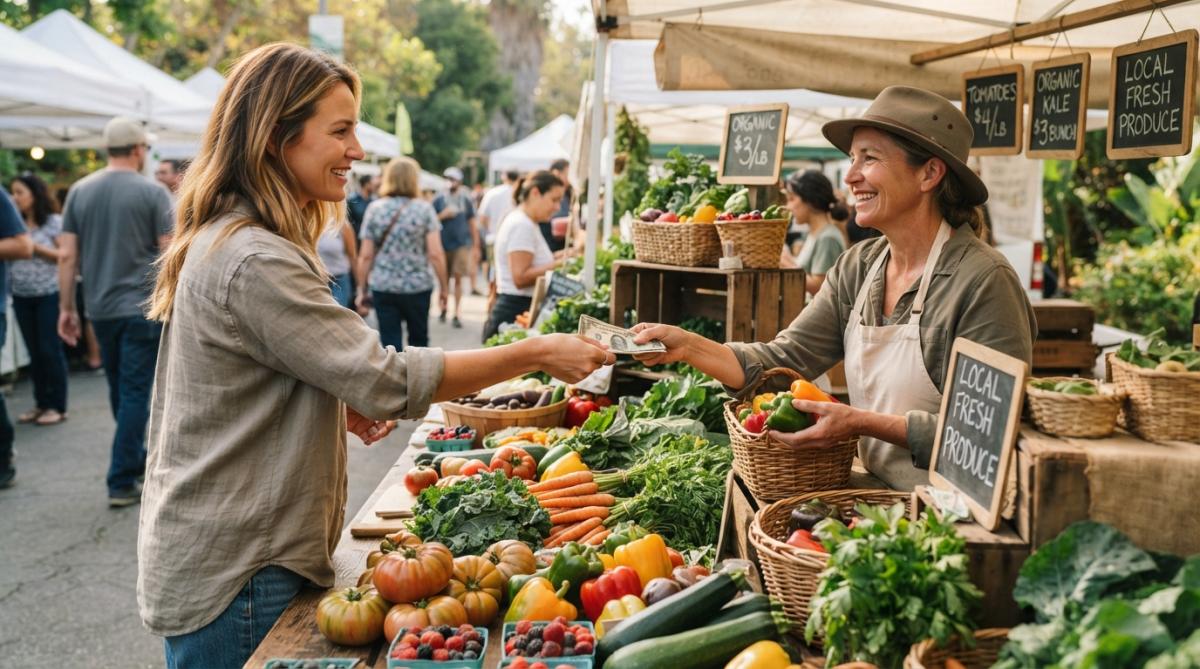 A shopper in a sunlit outdoor market handing cash to a farmer across a table piled with fresh, colorful vegetables and handwritten price signs