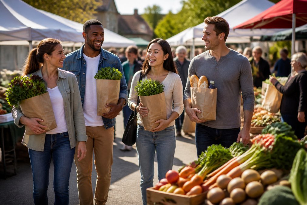 Diverse group of customers shopping together at a vibrant local farmers market, holding fresh produce and locally made products in paper bags, natural morning sunlight illuminating the outdoor market stalls