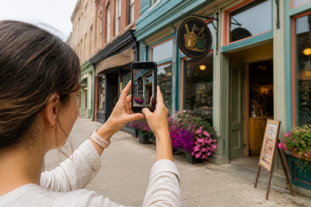Person holding smartphone, photographing a colorful local business storefront with artisan signage, with social media engagement icons and hearts floating above the phone screen