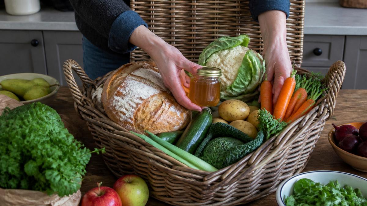 Step-by-step guide for local producers to curate a South Devon hamper with fresh bread, vegetables and honey.
