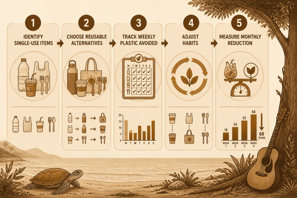Flowchart showing 5-step daily plastic reduction process: identify single-use items → choose reusable alternatives → track weekly plastic avoided → adjust habits → measure monthly reduction