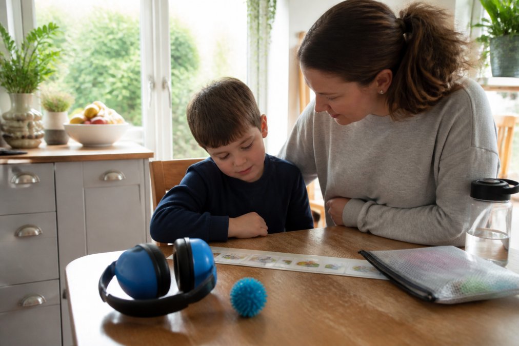 A parent and child sitting together at a kitchen table with a visual timetable and sensory items including headphones and a fidget toy, calm morning light through the window