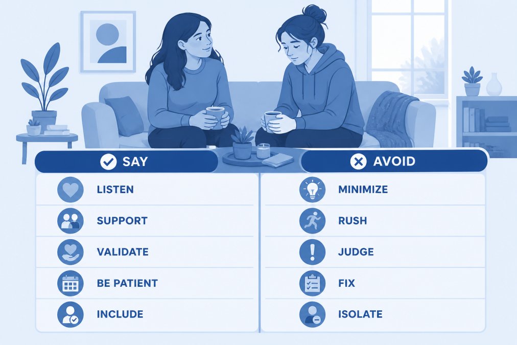 Two friends sitting side by side on a couch in a softly lit living room, one listening attentively with a warm, open expression, mugs of tea on the table, natural window light