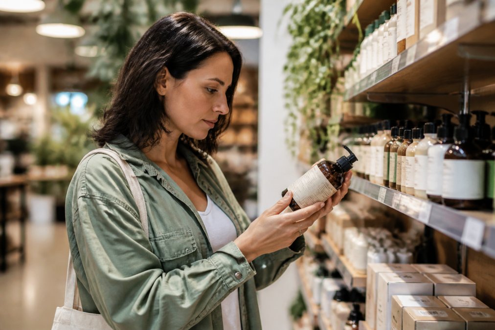 Woman in casual clothing carefully examining product packaging and labels in a bright retail store, reading certifications and sustainability claims with focused attention